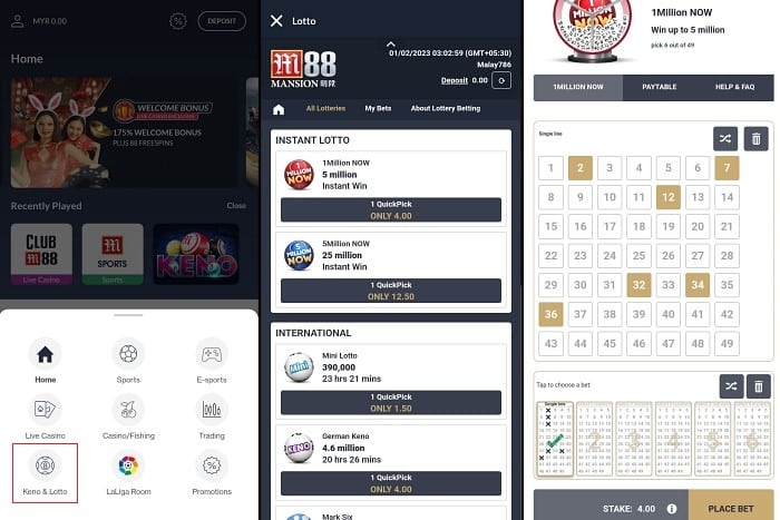 M88 mobile app keno lottery