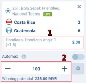 1xbet sports betting slip 1 bet placed on handicap - 1.5