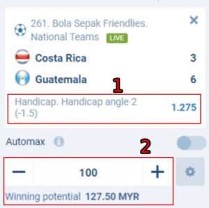 1xbet sports betting slip 2 bet placed on handicap - 1.5
