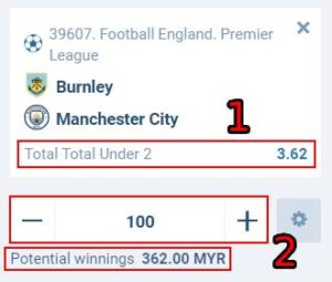 over under 2 meaning in 1XBET sports betting slip 1