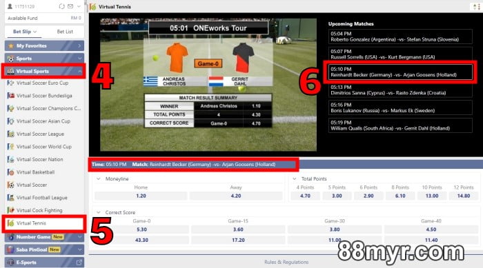 m88 virtual tennis betting online tutorial step 2