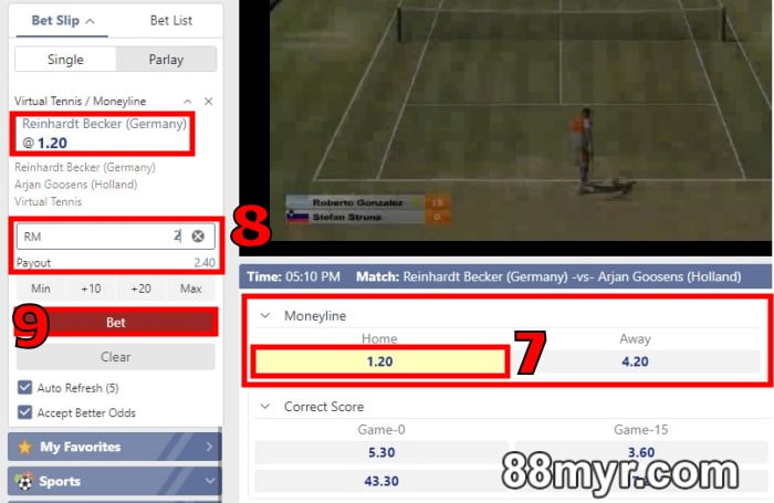 m88 virtual tennis betting online tutorial step 3