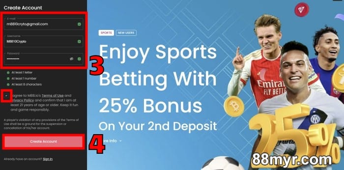 m88io learn how to access and play with crypto step 3