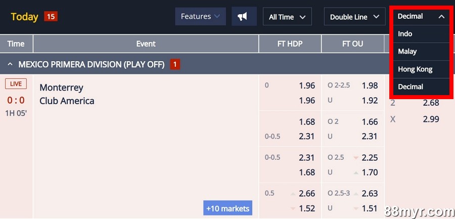 m88 msports different odds format