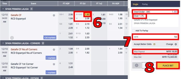 Place an Over under 1.75 bet in the m88 sportsbook