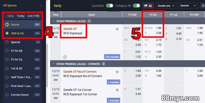 over under 1.75 play at the m88 sportsbook