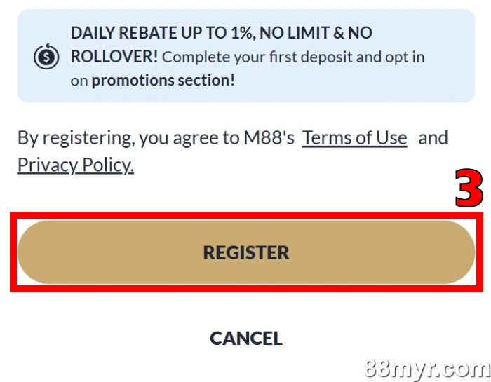 m88 register via mobile step 3