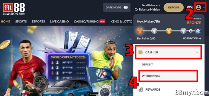 m88 withdraw step 1 visit withdrawal cashier