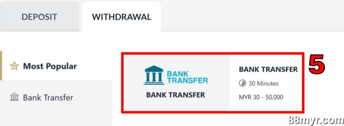 m88 withdraw step 2 select bank transfer