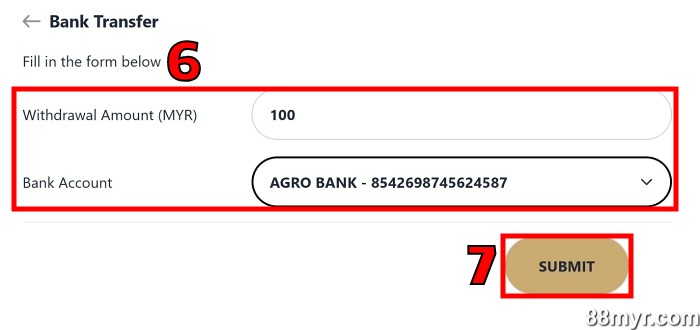 m88 withdrawal step 2 fill form