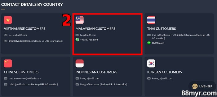 m88 live chat step 2 select country contact information